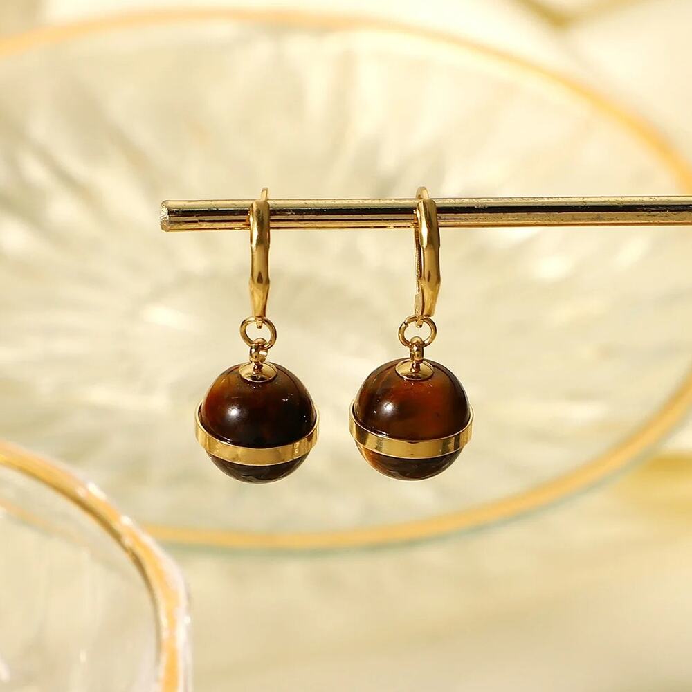 Natural Tiger Eye Ball Agate Pendant Earrings 14K Gold Plated Stainless‎ Steel - Picture 5 of 7